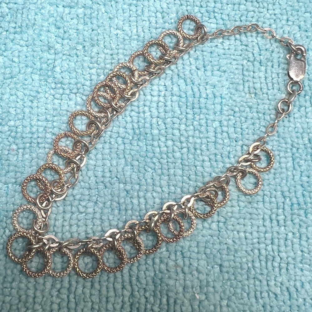 Vintage Sterling Silver Looped Bracelet Textured Circles Rings Multi-Toned 7.75"